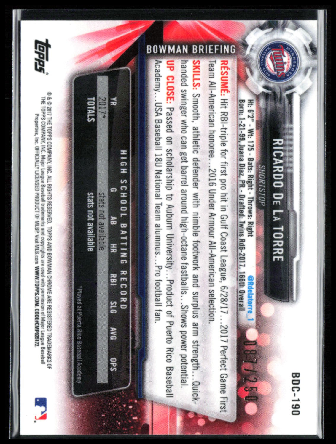 Ricardo De La Torre 1st Bowman Purple /250