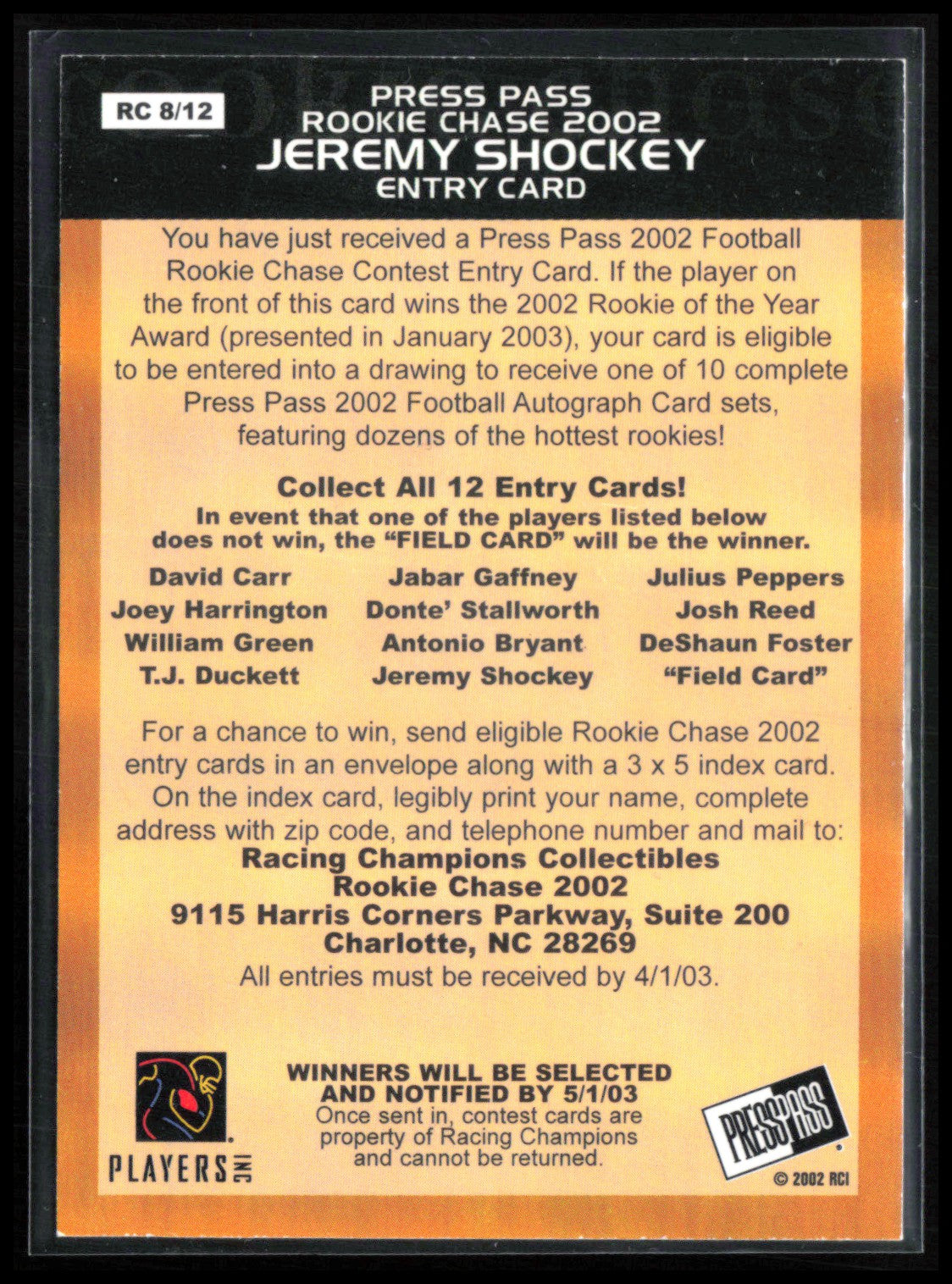 Jeremy Shockey RC Rookie Chase 2092 Press Pass