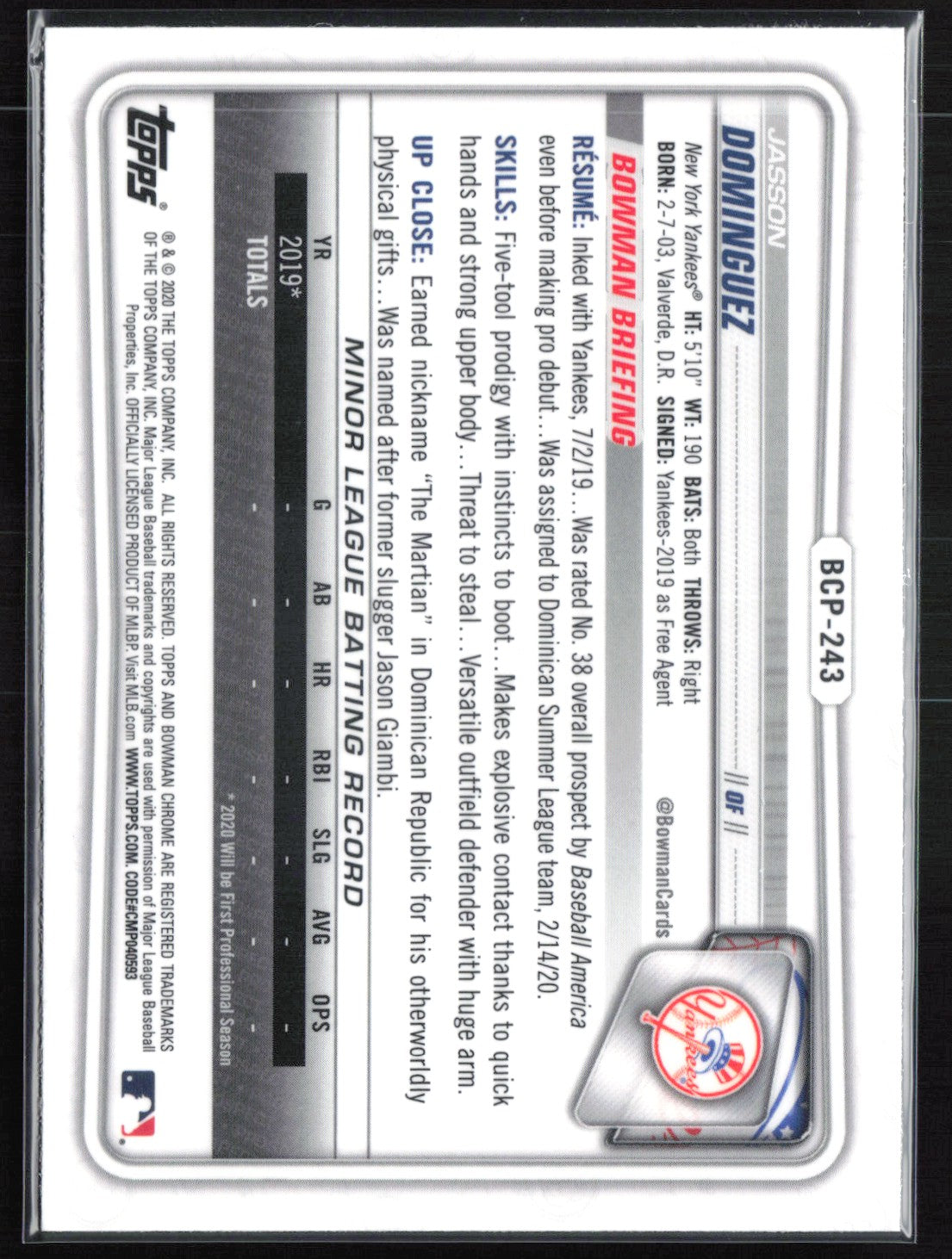 Jasson Dominguez Mojo 2020 Bowman Chrome