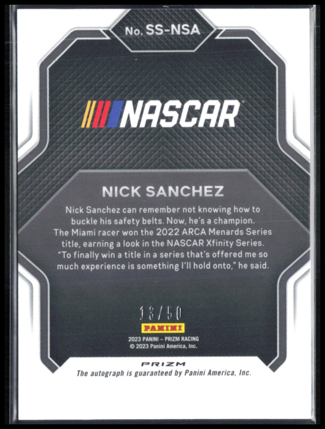 Nick Sanchez Auto Checker /50 2023 Prizm Racing