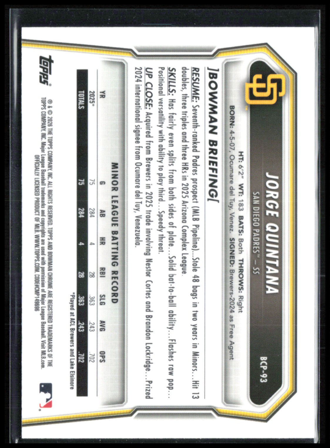 Jorge Quintana 1st Bowman Mojo