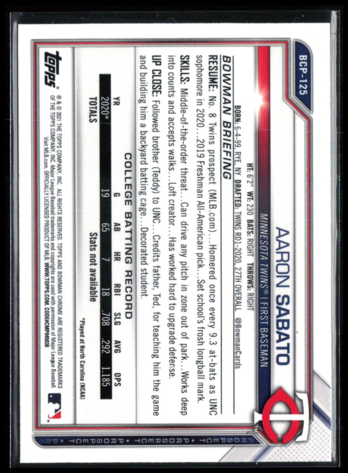 Aaron Sabato 1st Bowman Sapphire