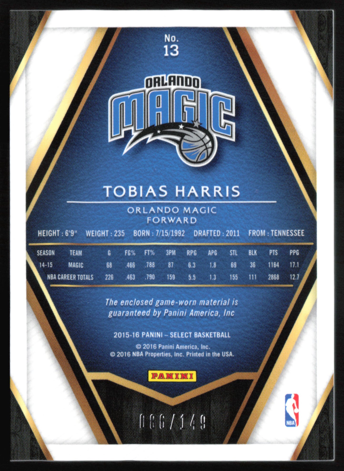 Tobias Harris Game-Worn Mem /149