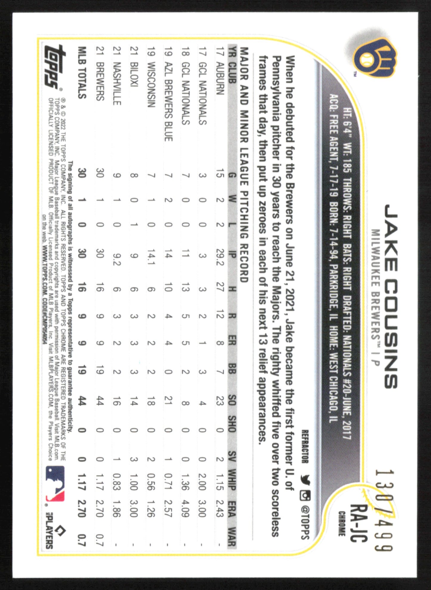 Jake Cousins RC Auto /499 Refractor