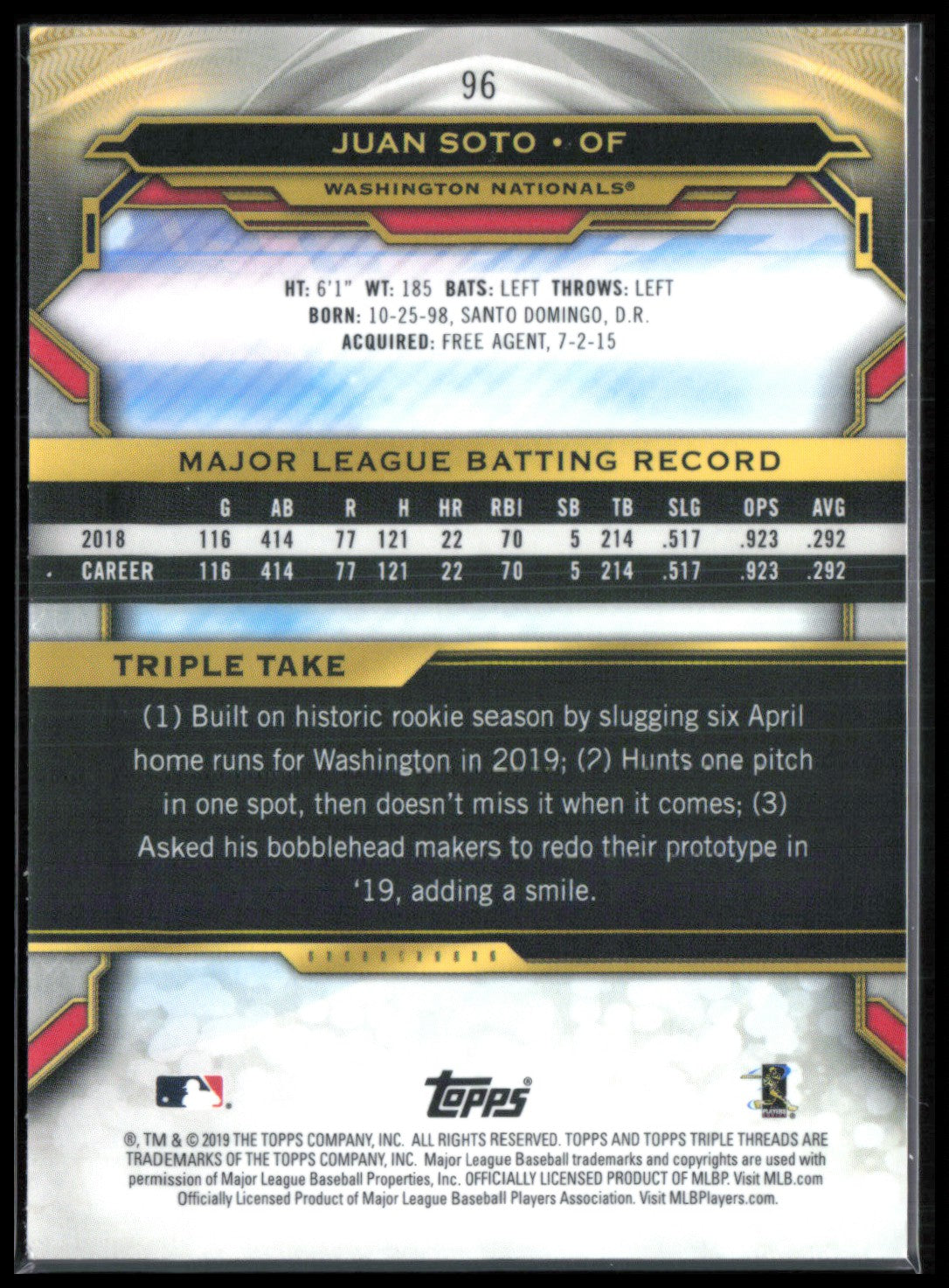 Juan Soto 2019 Topps Triple Threads