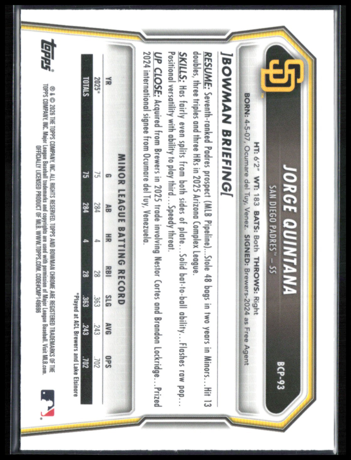 Jorge Quintana 1st Bowman Mojo