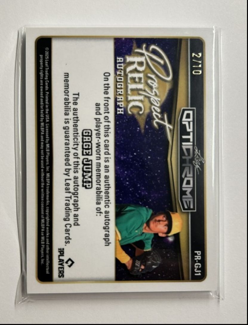 Gage Jump /10 Auto Relic Prospect Relic Autograph 2025 Leaf Optichrome