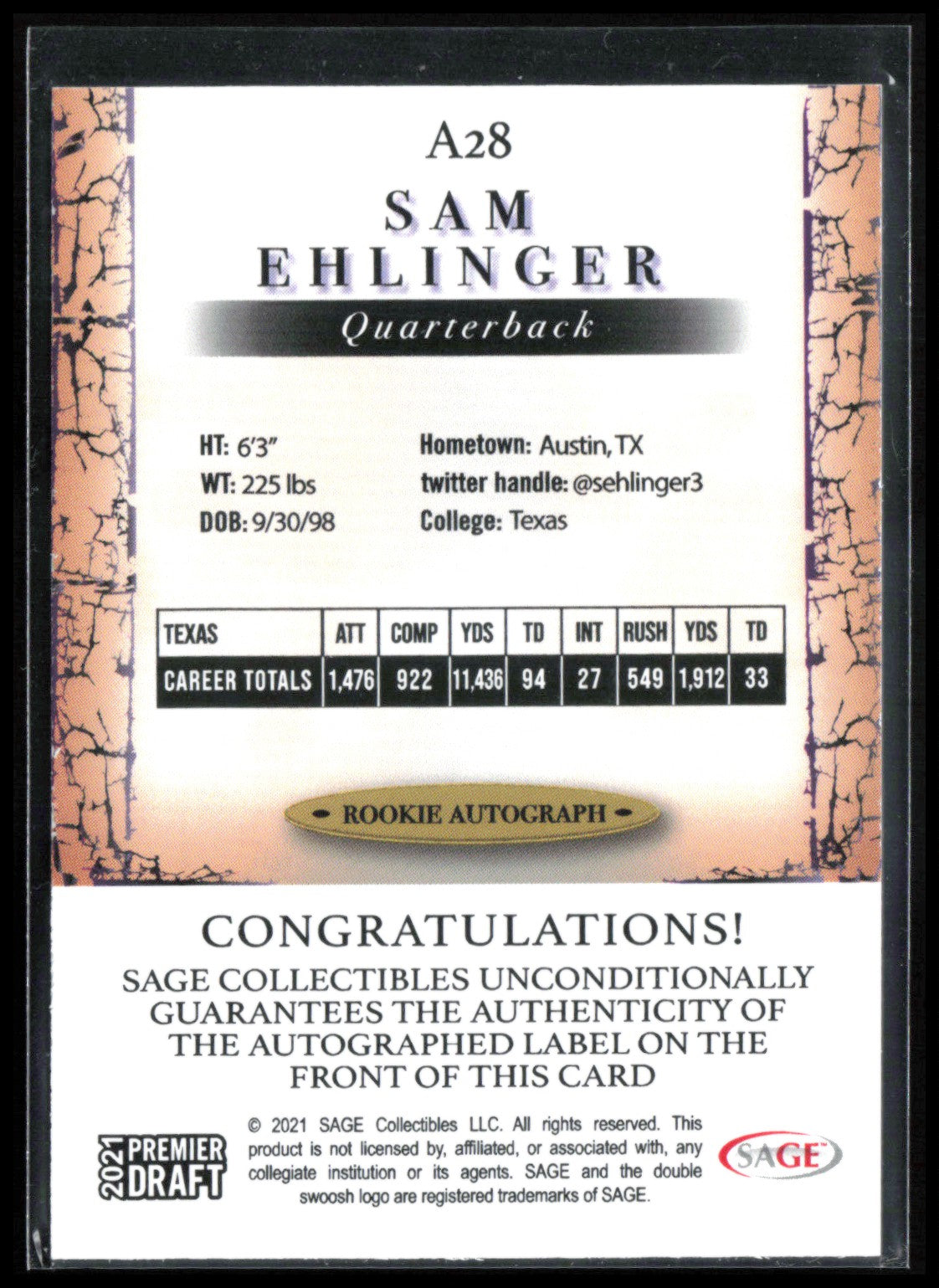 Sam Ehlinger Auto 2021 Premier Draft