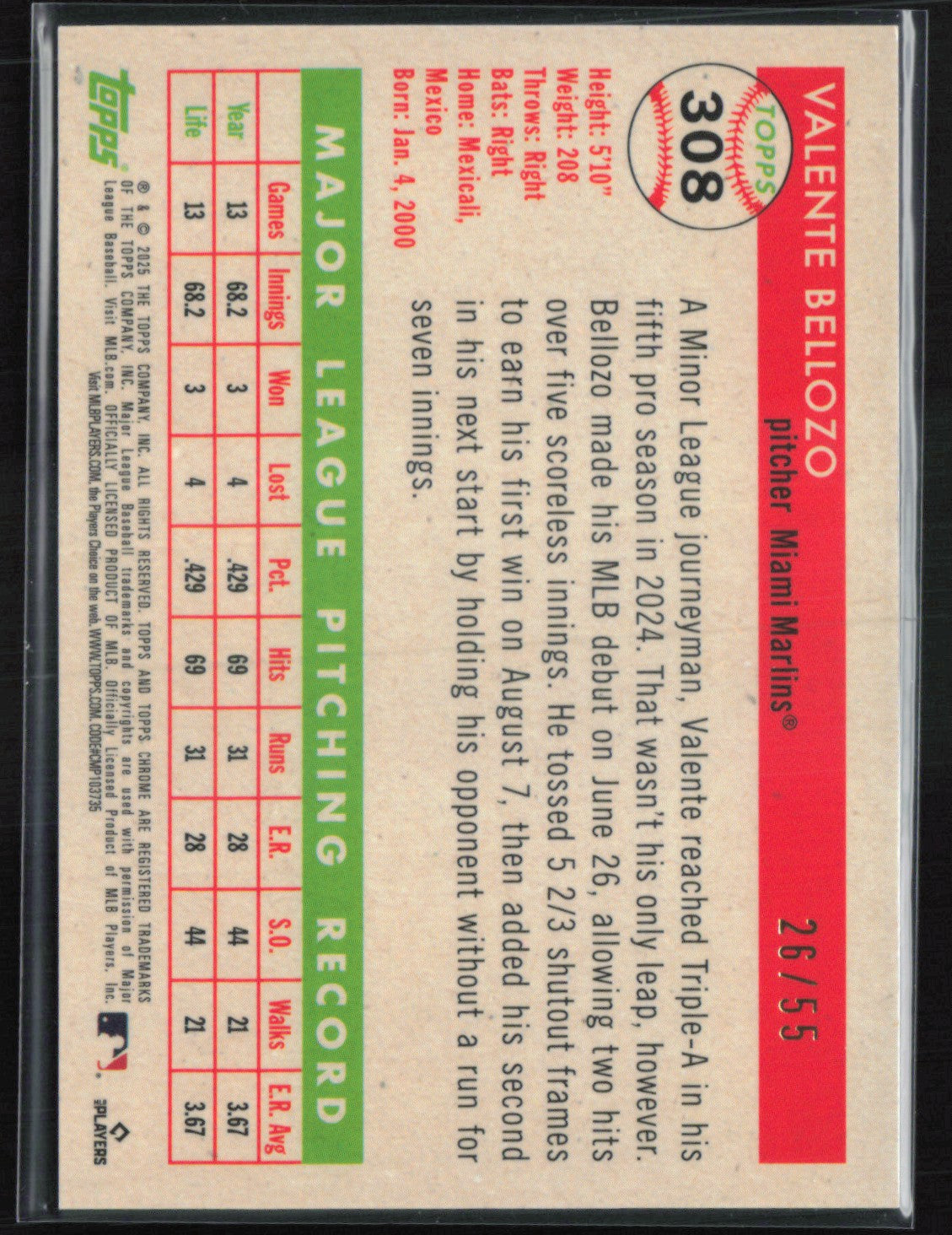 Valente Bellozo RC Diamond Etch /55 Refractor 2025 Topps Chrome Platinum