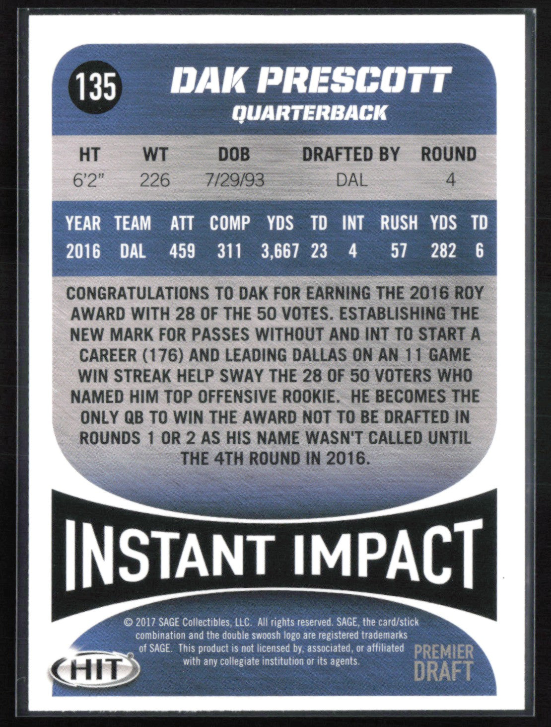 Dak Prescott 2017 Sage Hit Instant Impact