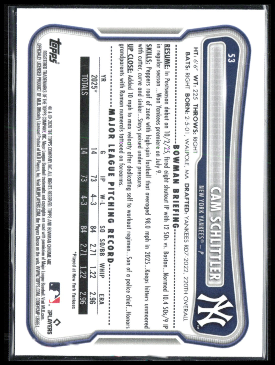 Cam Schlittler RC Mojo 2026 Bowman Chrome