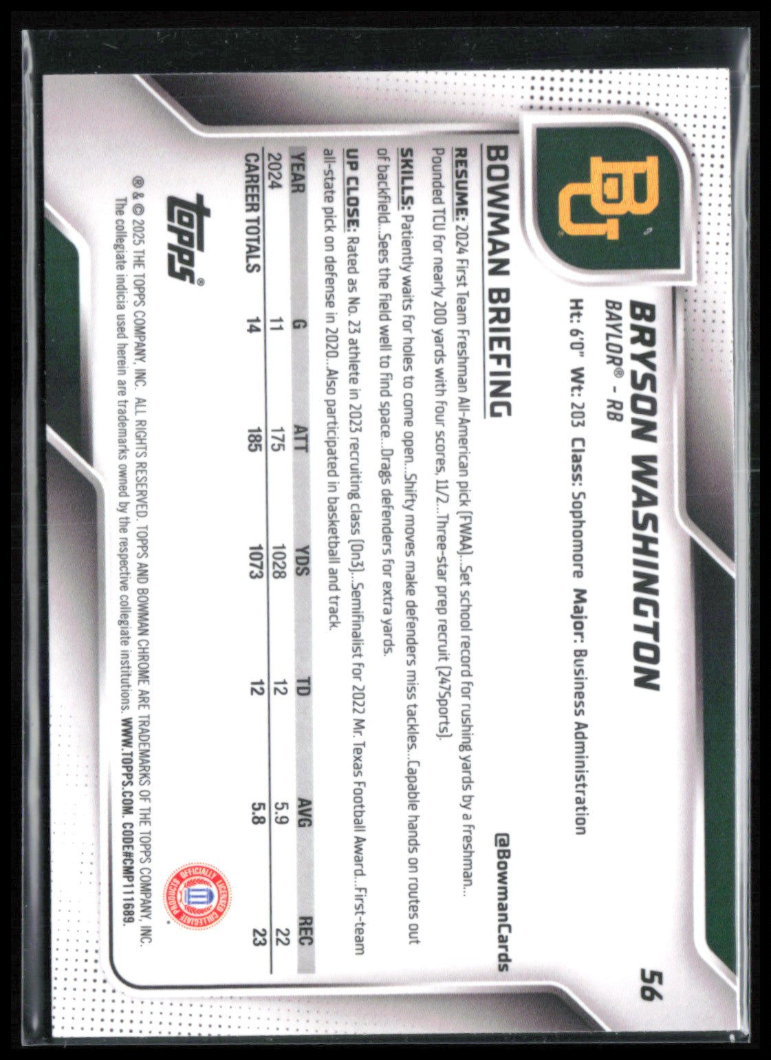 Bryson Washington 1st Bowman Blue Prizm /150