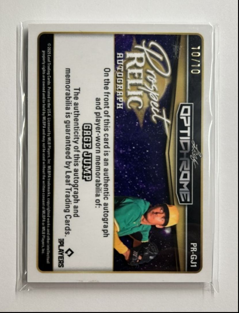 Gage Jump /10 Auto Relic Prospect Relic Autograph 2025 Leaf Optichrome