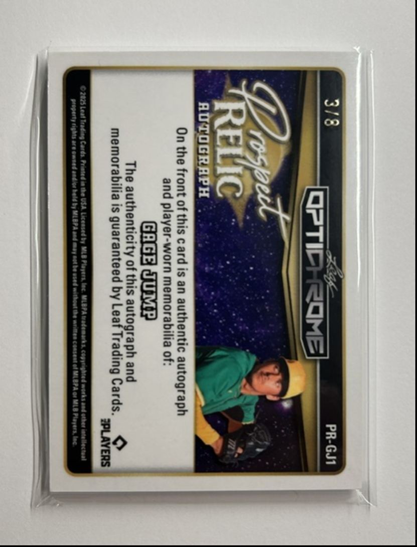 Gage Jump /8 Auto Relic Prospect Relic Autograph 2025 Leaf Optichrome