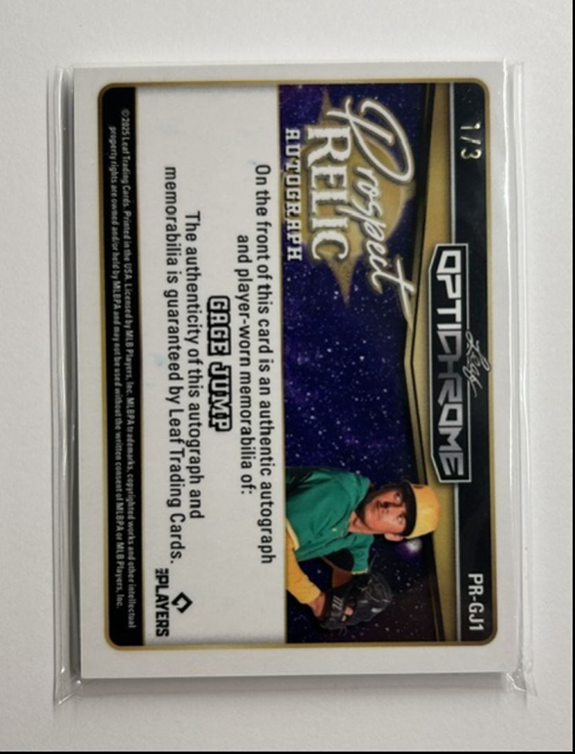Gage Jump /3 Auto Relic Prospect Relic Autograph 2025 Leaf Optichrome