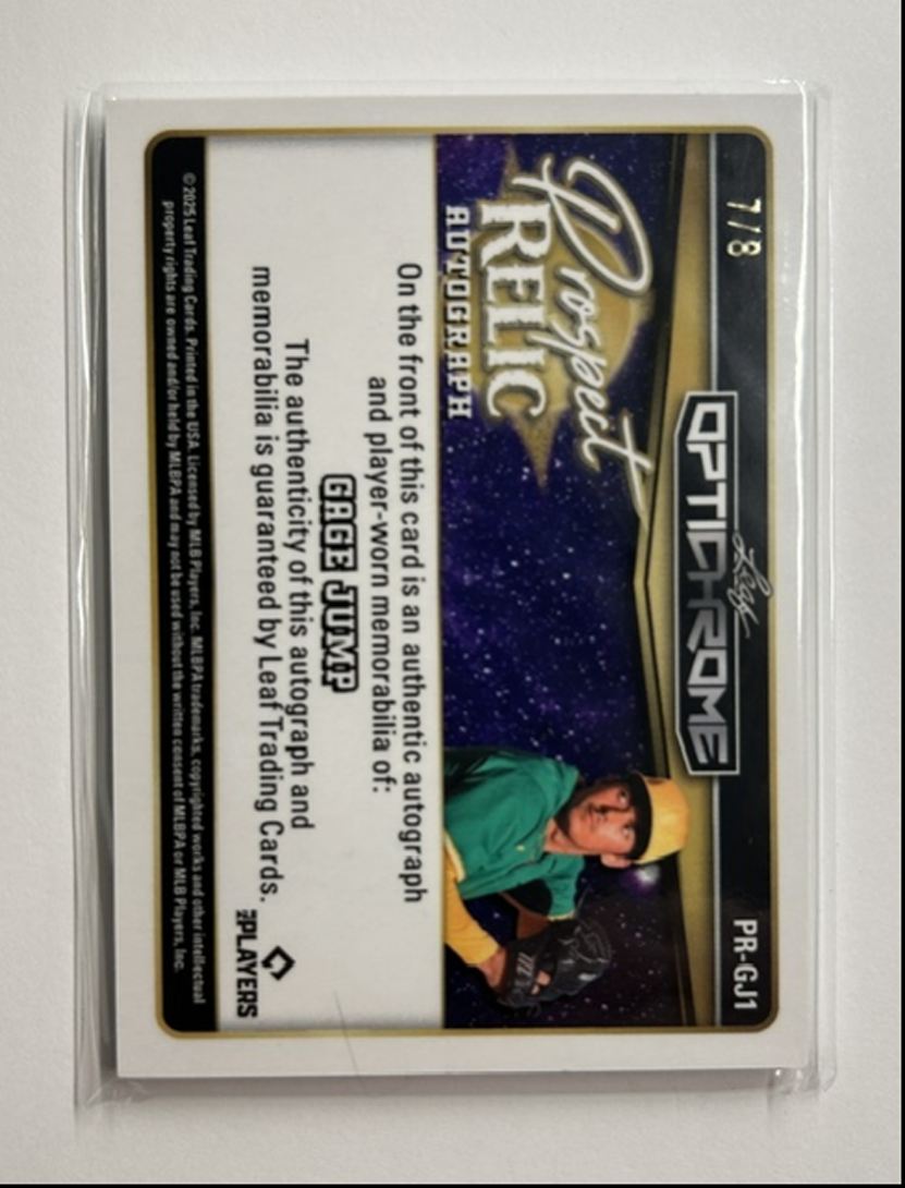 Gage Jump /8 Auto Relic Prospect Relic Autograph 2025 Leaf Optichrome