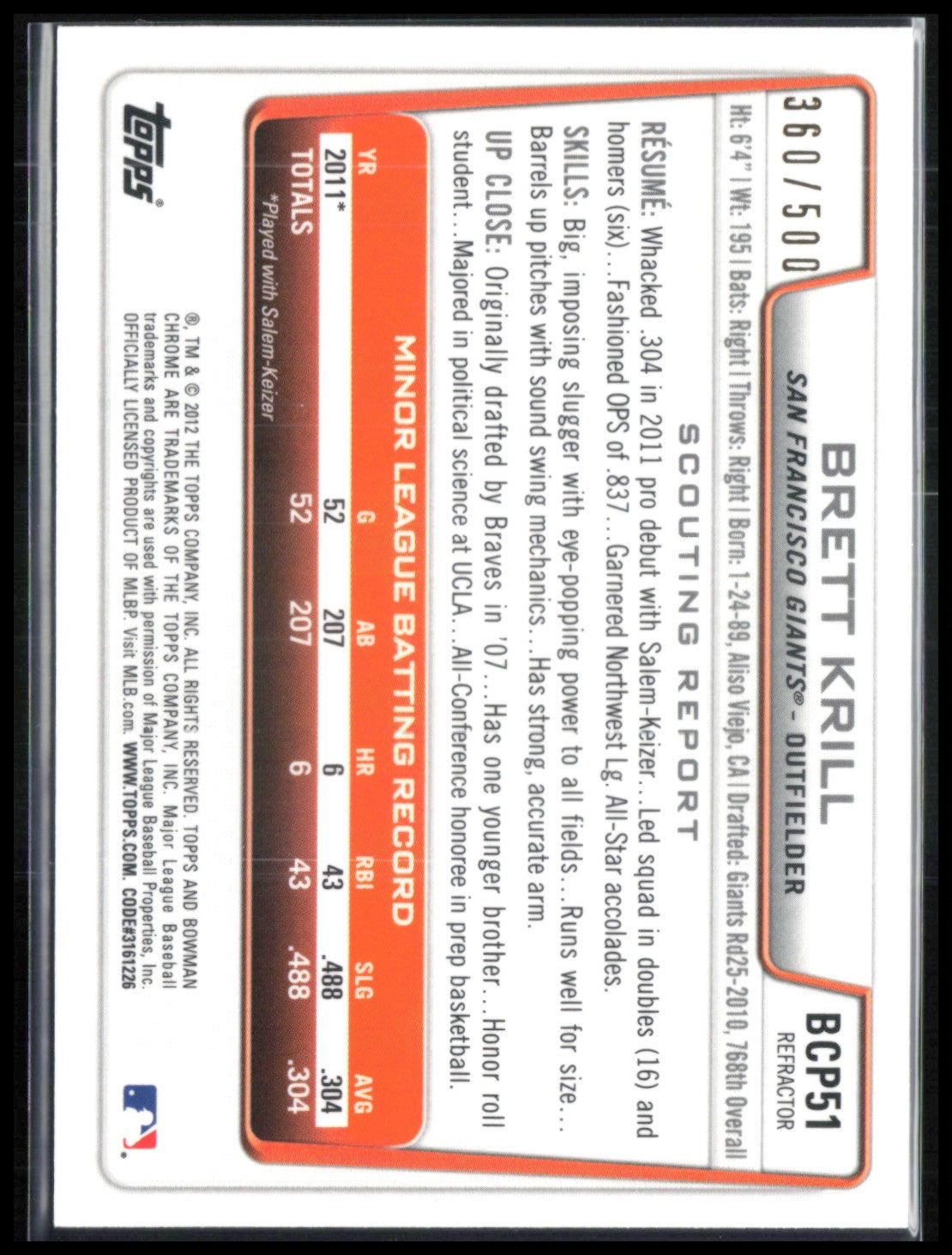 Brett Krill 1st Bowman Chrome /500