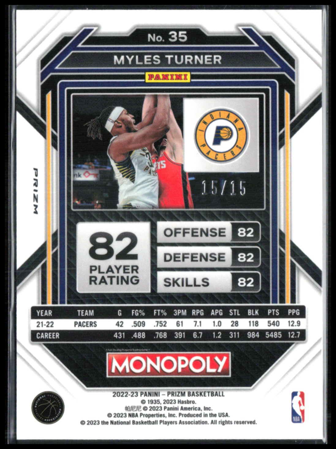 Myles Turner Blue 15/15 2022-23 Prizm Monopoly