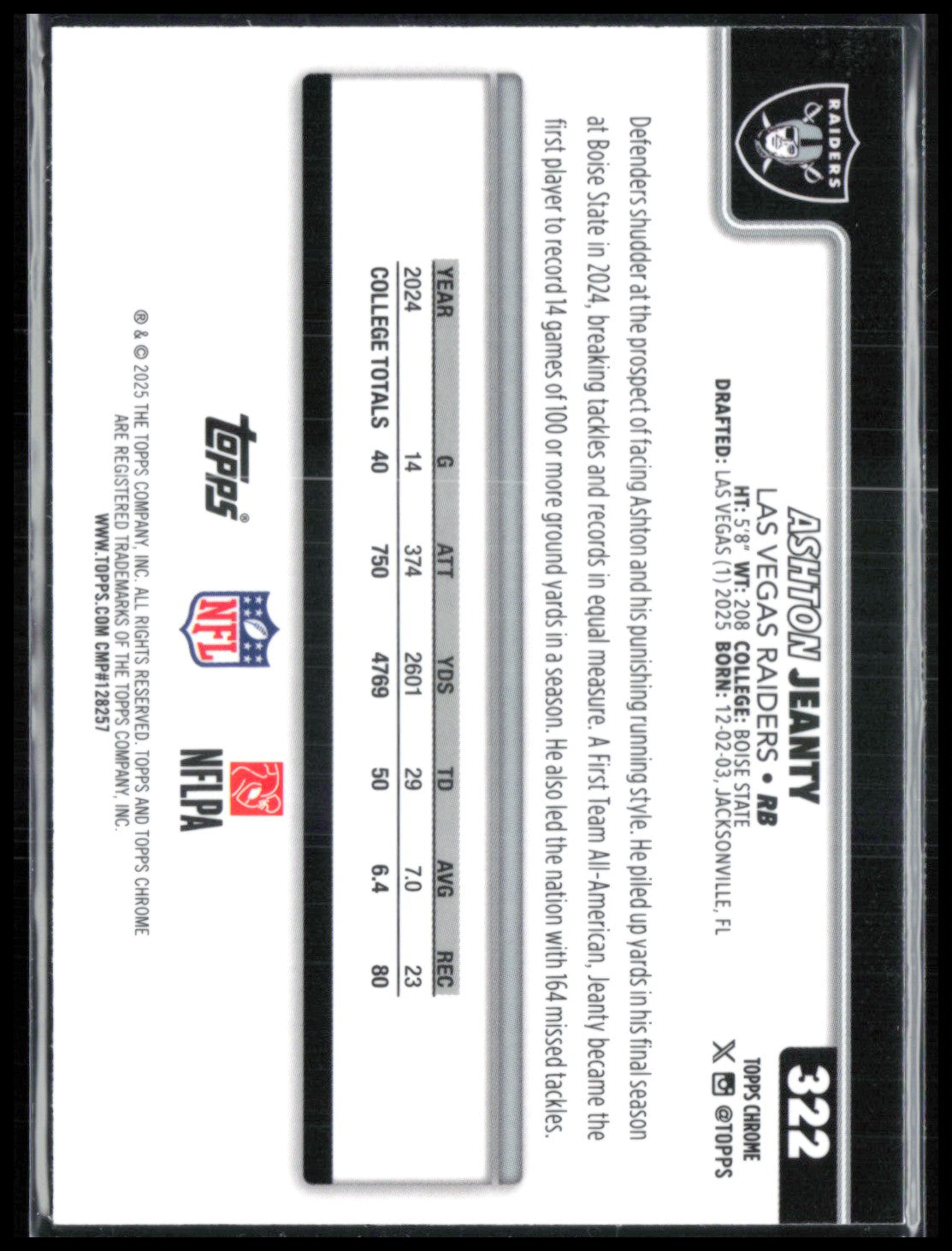 Ashton Jeanty RC 2025 Topps Chrome