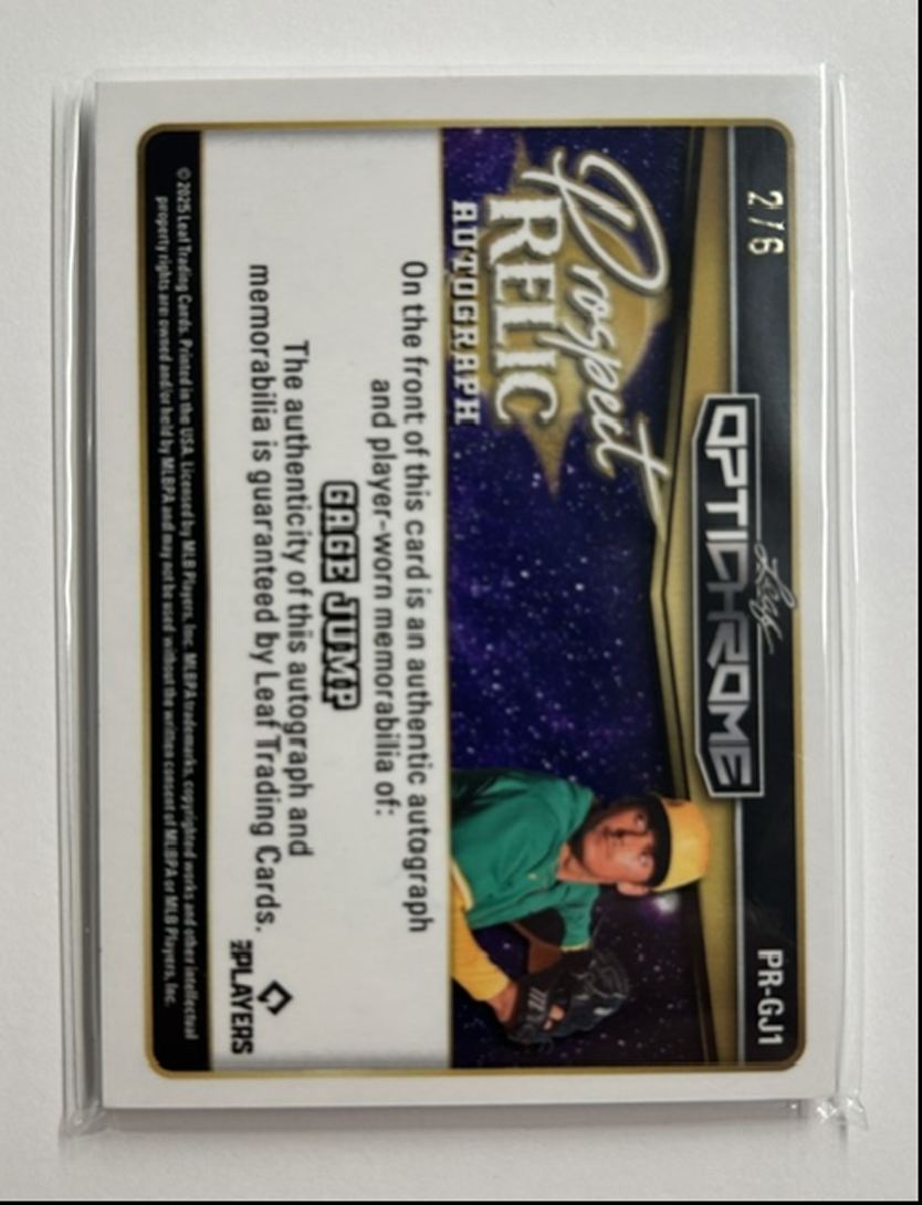 Gage Jump /6 Auto Relic Prospect Relic Autograph 2025 Leaf Optichrome