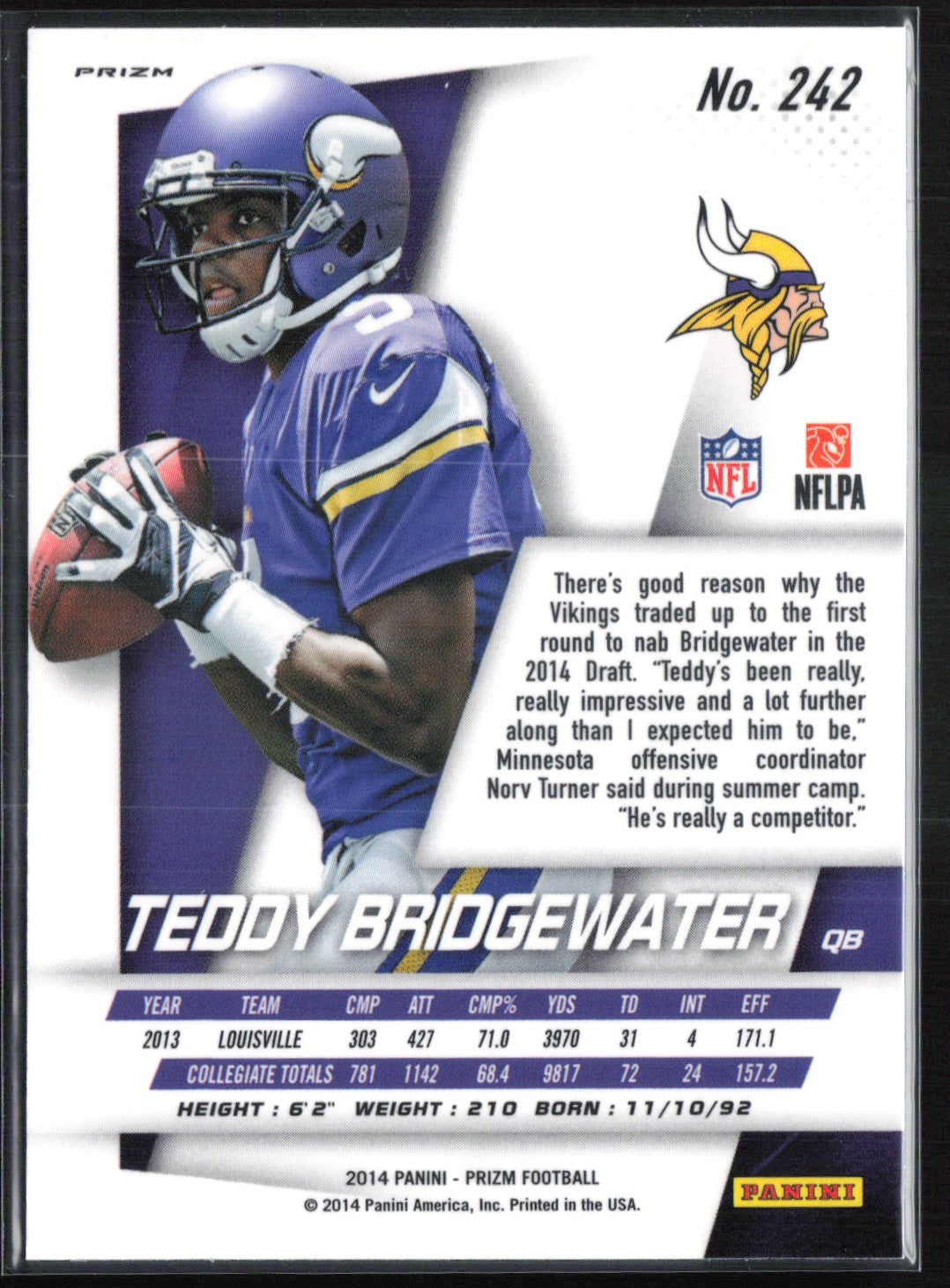 Teddy Bridgewater RC Running Panini Logo Parallel 2014 Prizm