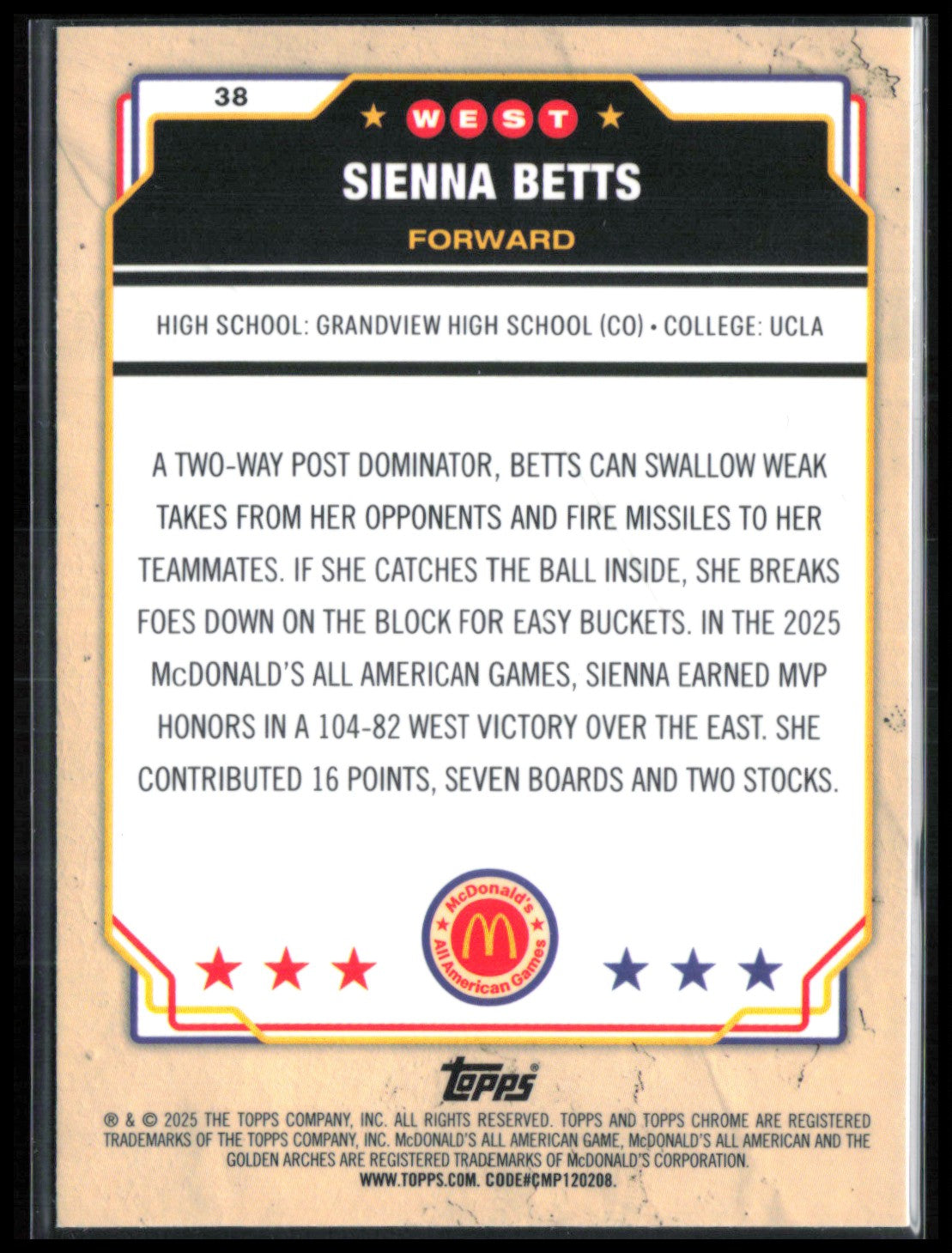 Sienna Betts McDonald's Parallel 2025 Topps Chrome