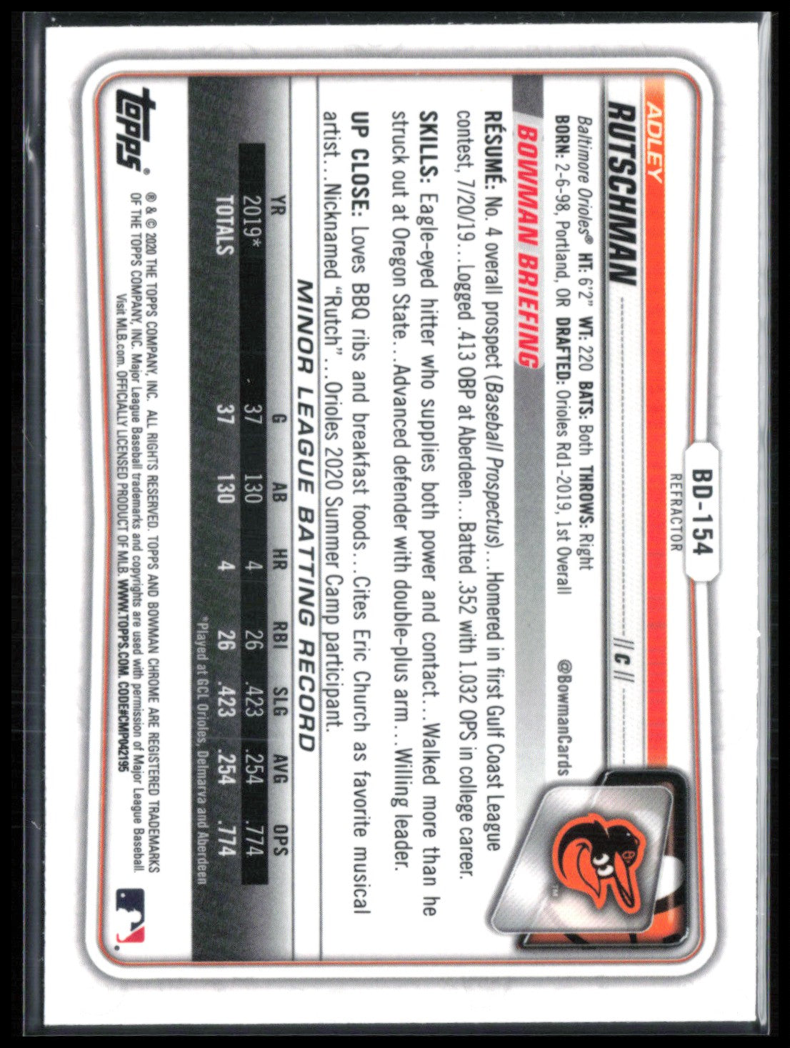 Adley Rutschman Refractor 2020 Bowman Draft
