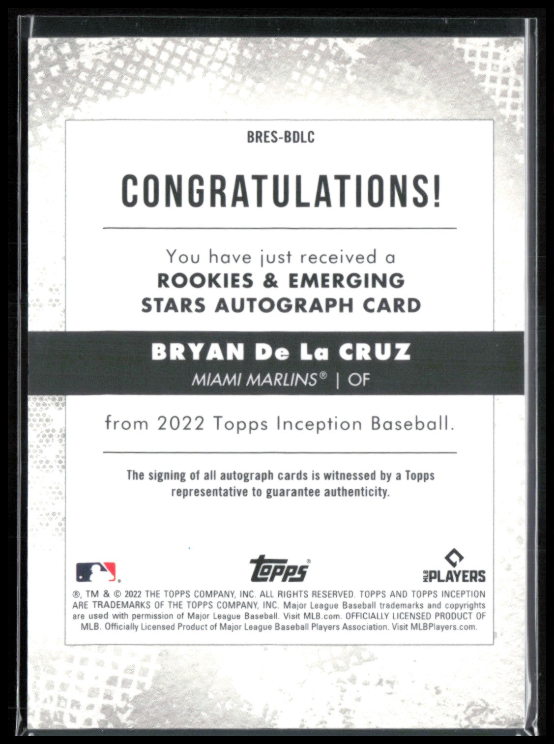 Bryan De La Cruz RC Auto /99 Pink 2022 Topps Inception