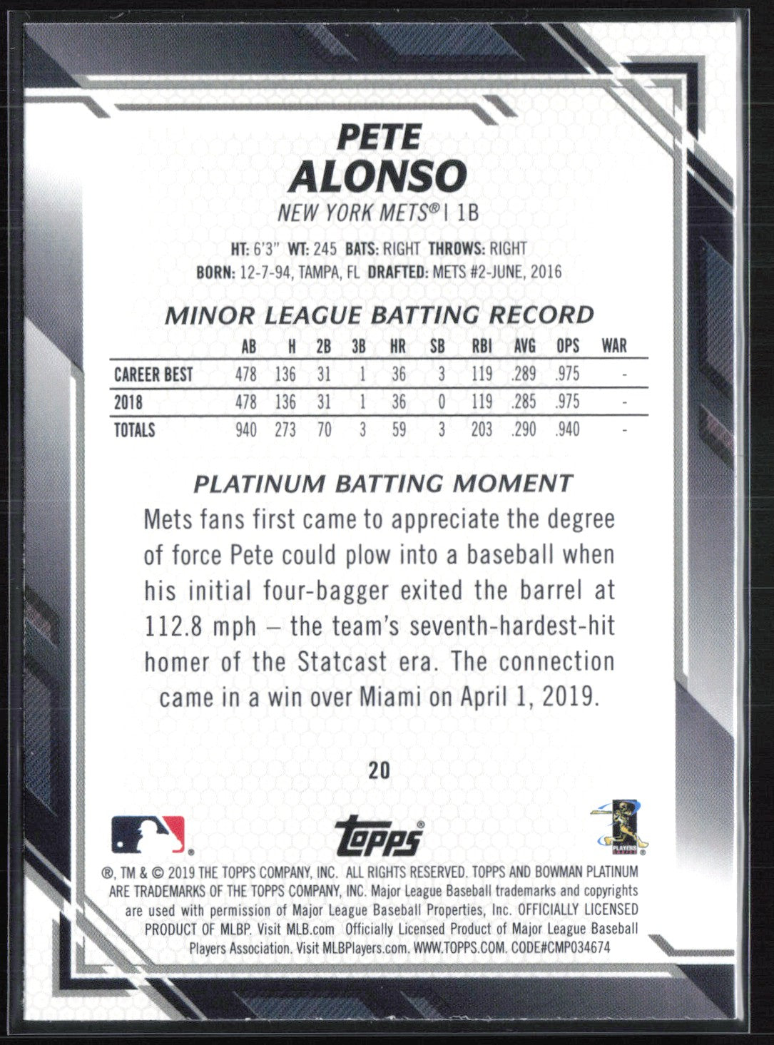 Pete Alonso RC 2019 Bowman Platinum