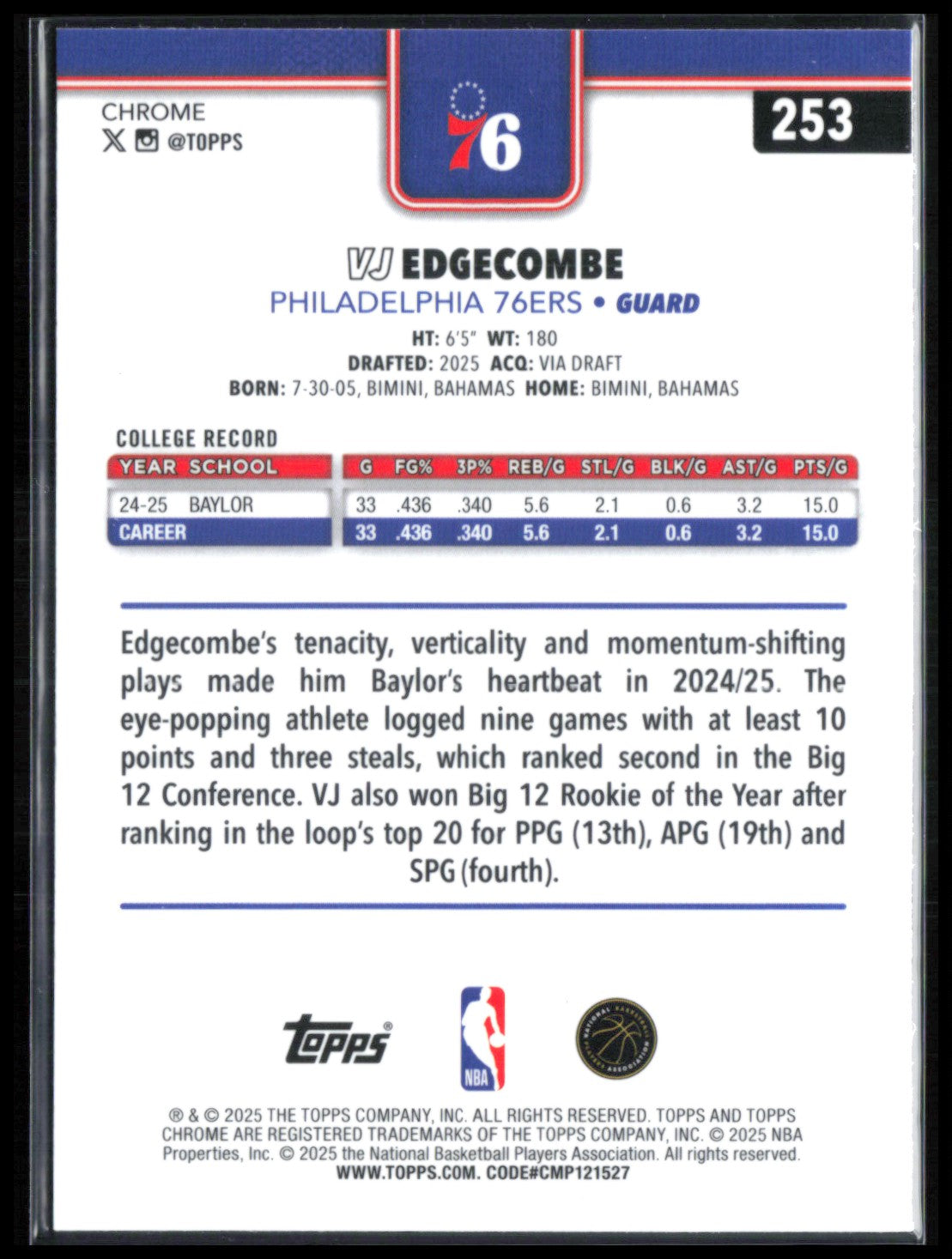 VJ Edgecombe RC 2025 Topps Chrome