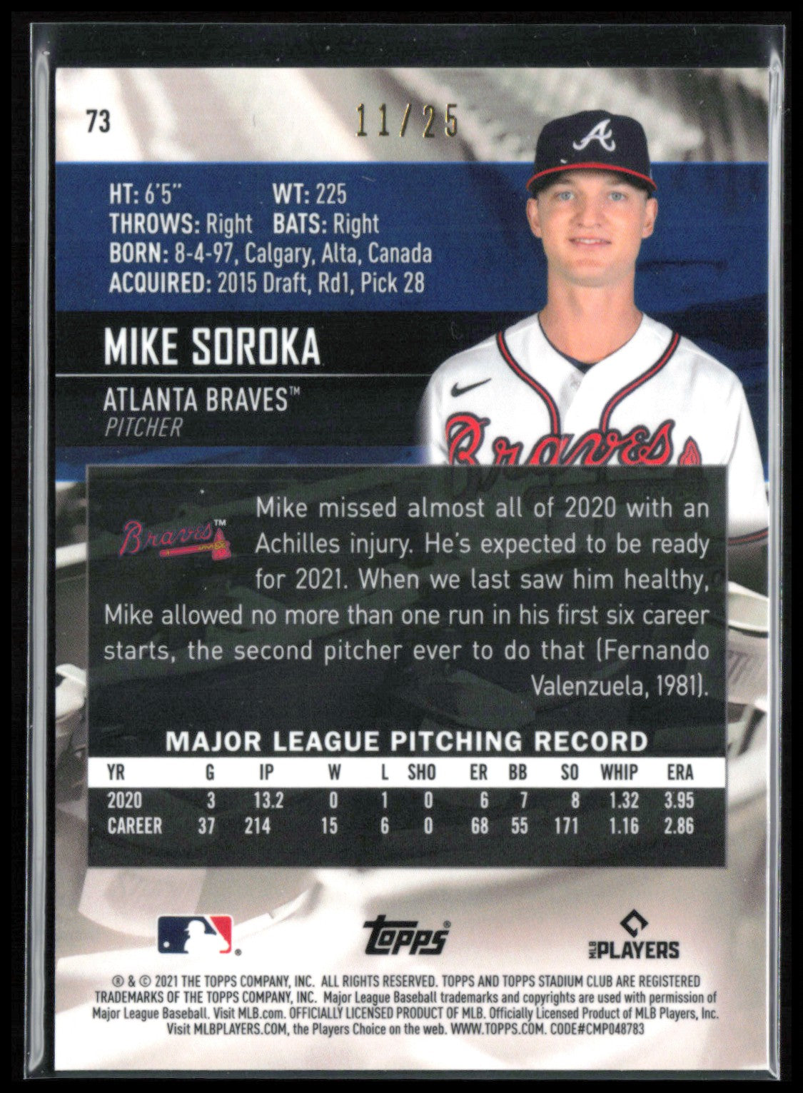 Mike Soroka Orange Refractor /25 2021 Topps Stadium Club