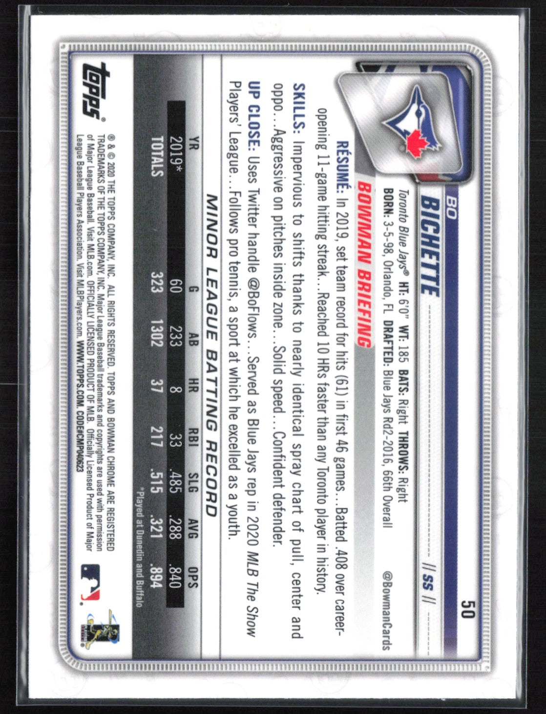 Bo Bichette RC 2020 Bowman Chrome