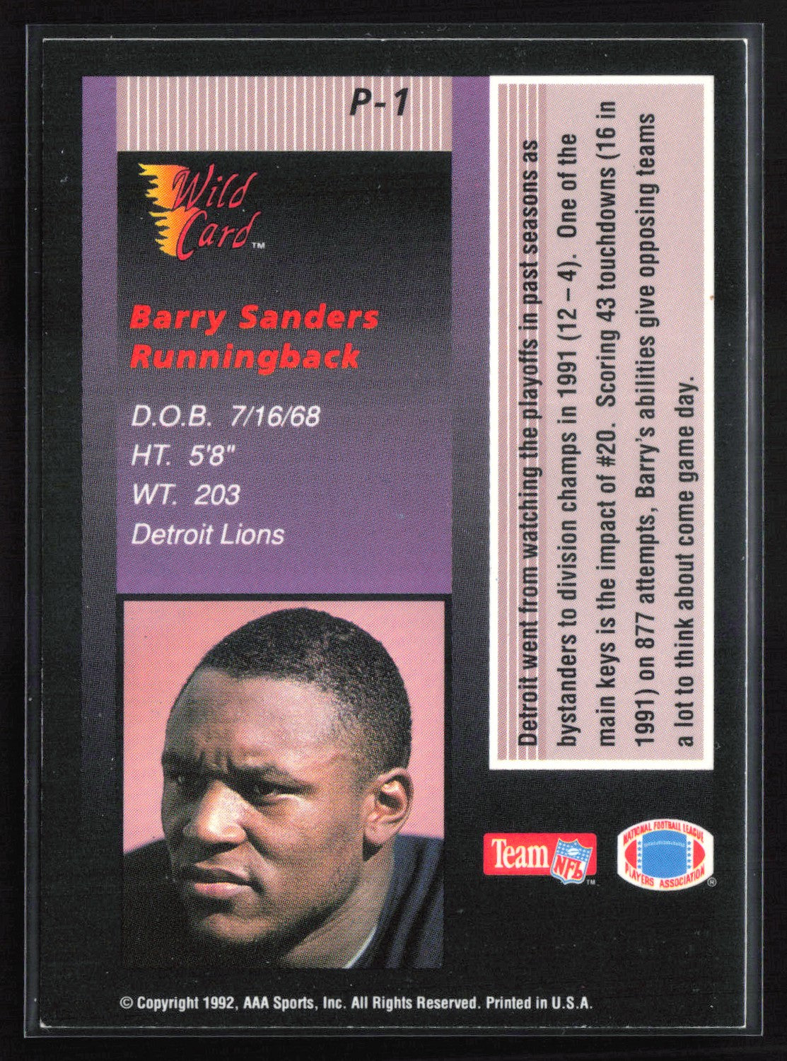 Barry Sanders 1992 Wild Card Stat Smashers