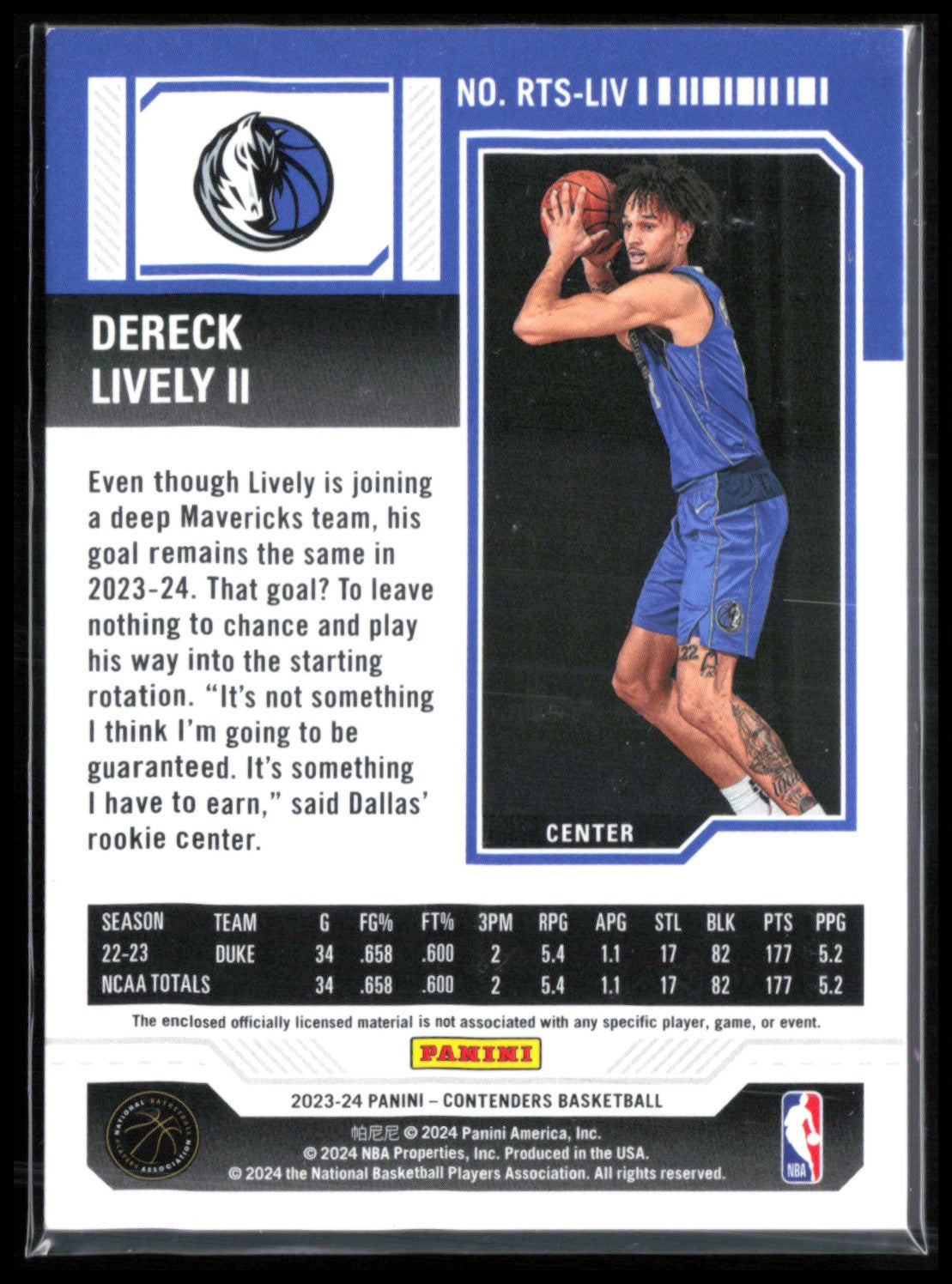 Dereck Lively II RC Mem Rookie Ticket