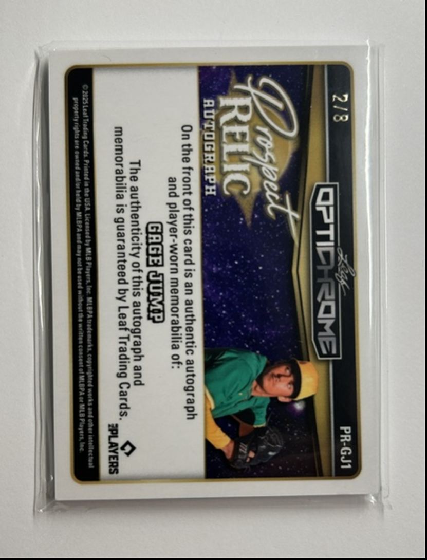 Gage Jump /8 Auto Relic Prospect Relic Autograph 2025 Leaf Optichrome