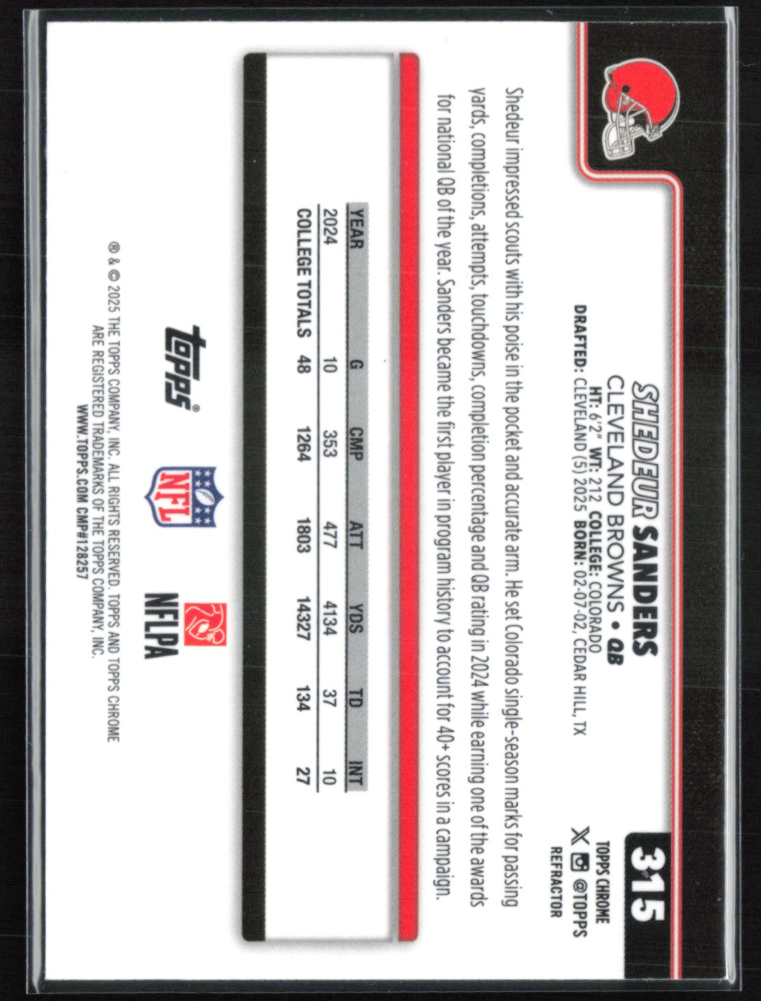 Shedeur Sanders RC Refractor 2025 Topps Chrome