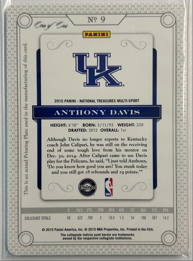 Anthony Davis 1/1 Printing Plate 2015 Panini National Treasures Collegiate