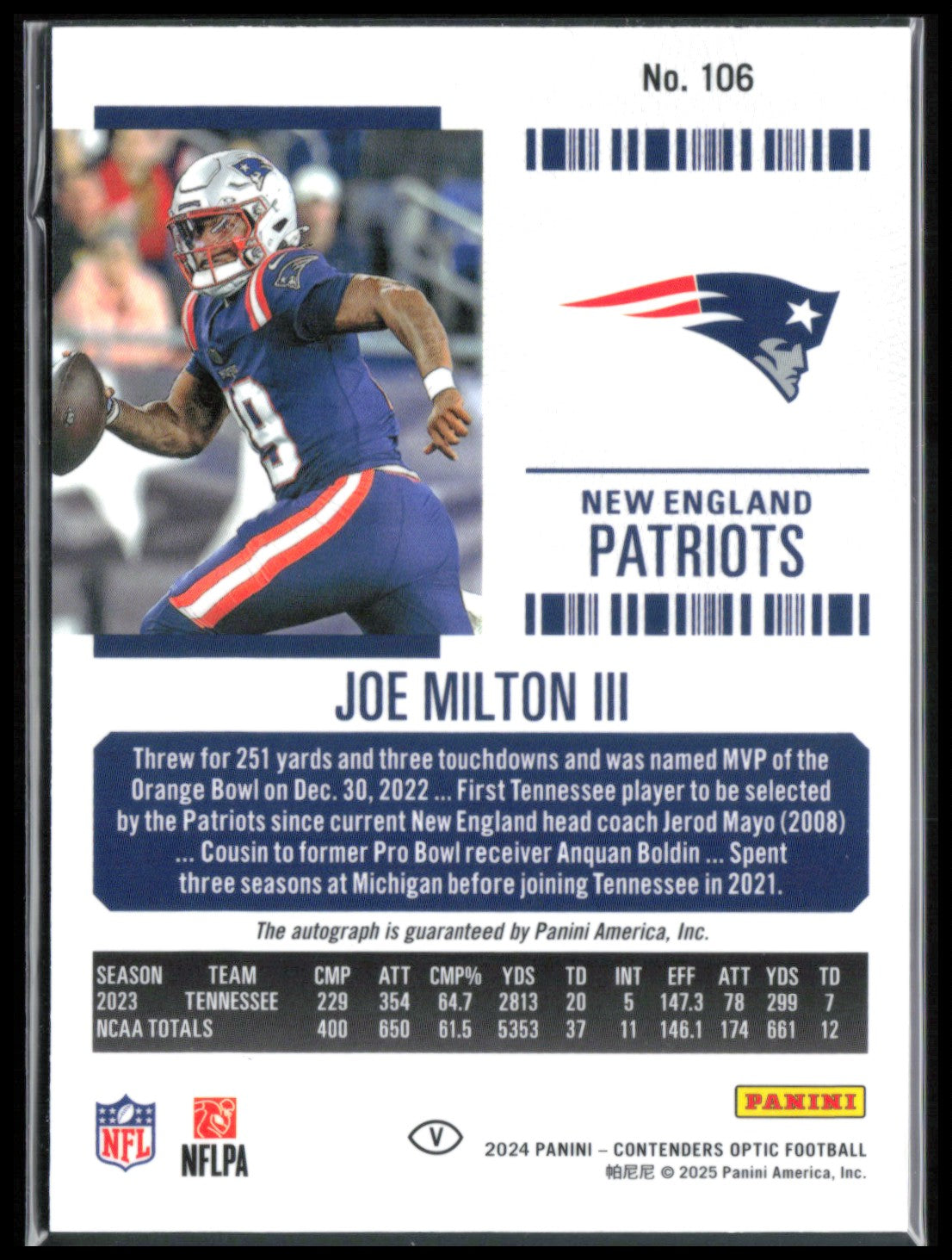 Joe Milton III RC Auto Rookie Ticket Variation 2024 Contenders Optic