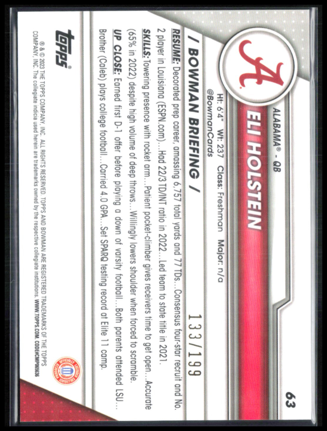 Eli Holstein 1st Bowman Blue Refractor /199