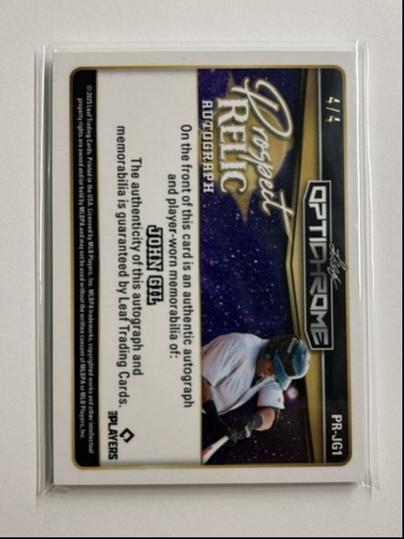 John Gil /4 Auto Relic Prospect Relic Autograph 2025 Leaf Optichrome