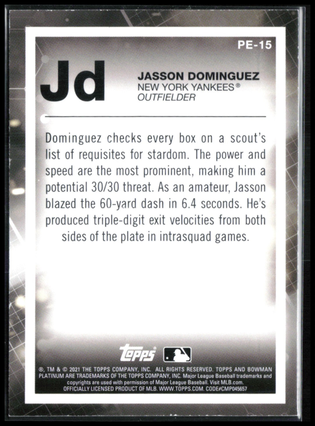 Jasson Dominguez Purple /250 Prospects 2021 Bowman Platinum