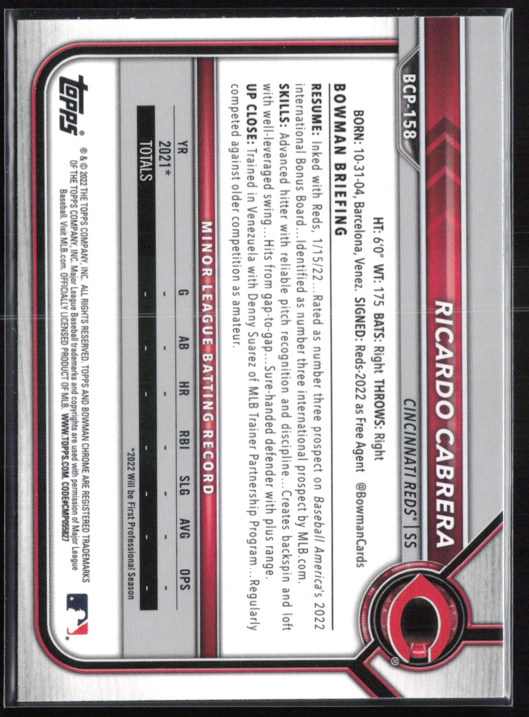 Ricardo Cabrera 1st Bowman B&W Mini Diamond