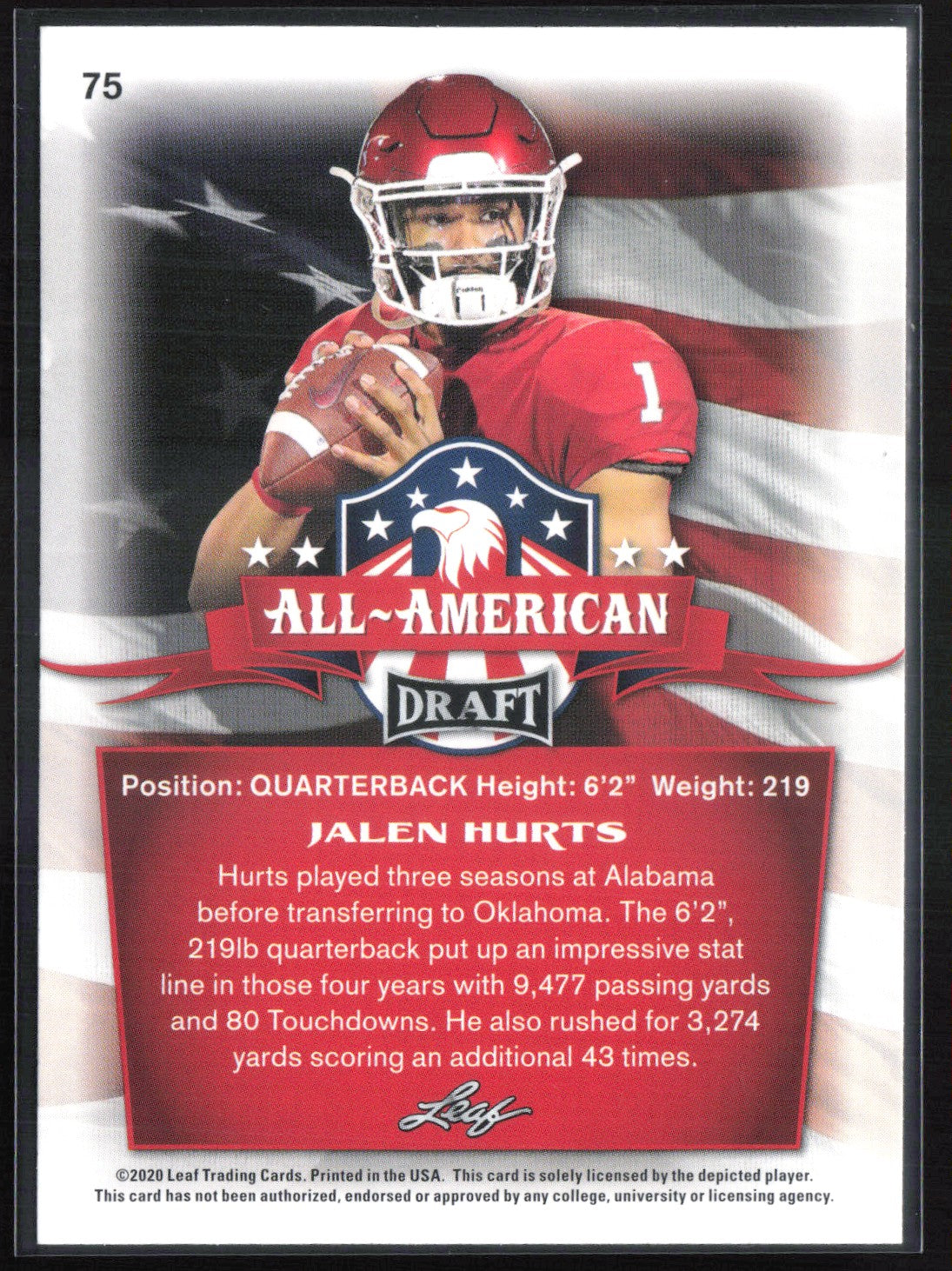 Jalen Hurts All-American Draft Yellow Parallel 2020 Leaf Draft