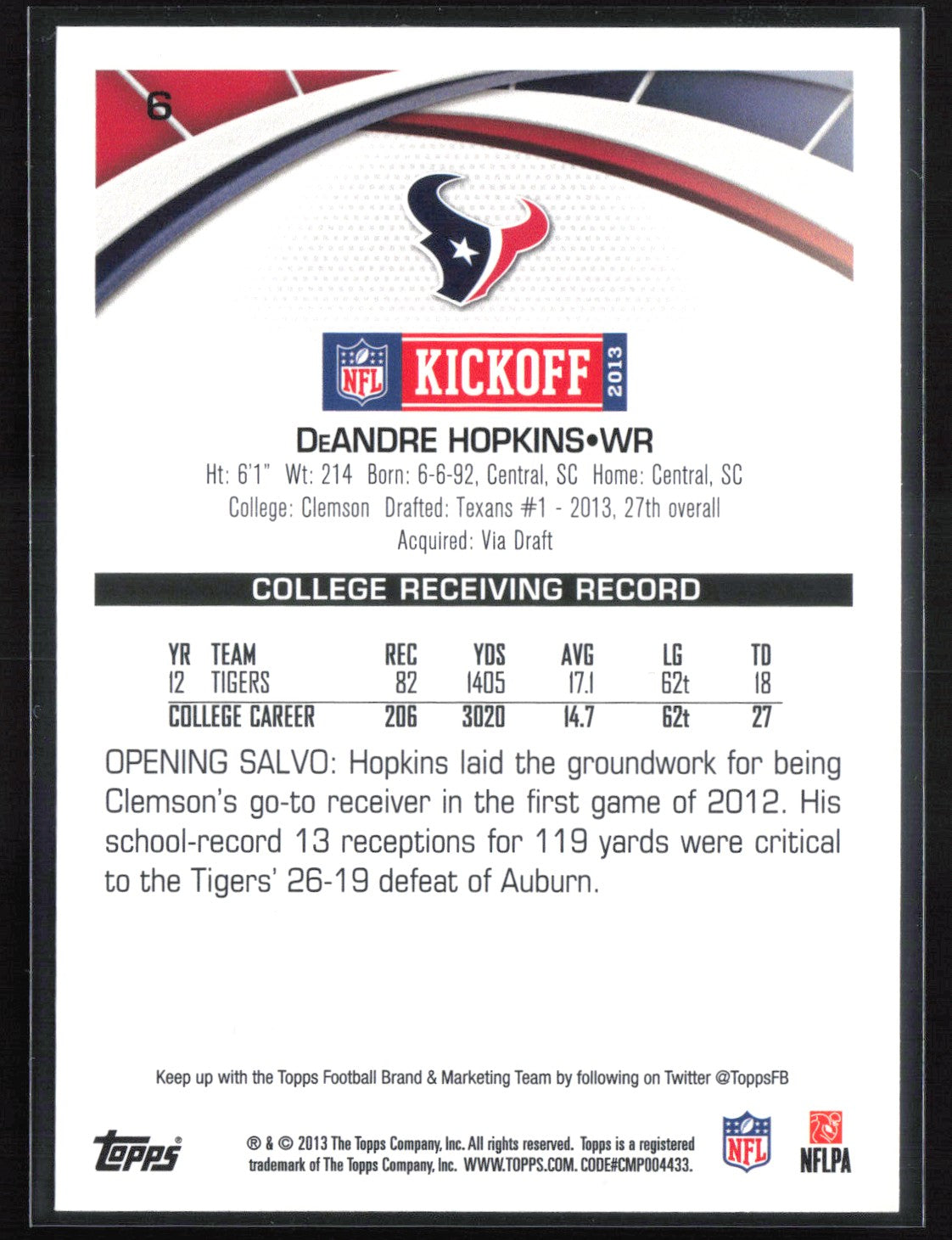 DeAndre Hopkins RC 2013 Topps Kickoff