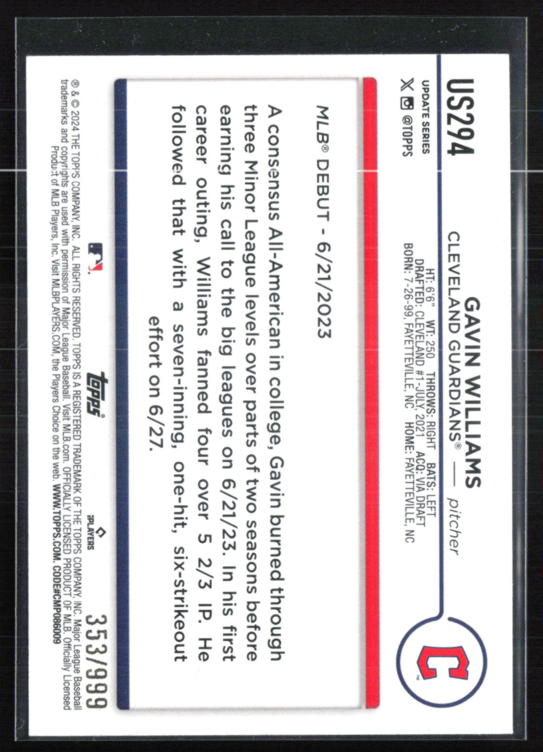 Gavin Williams RB Blue /999