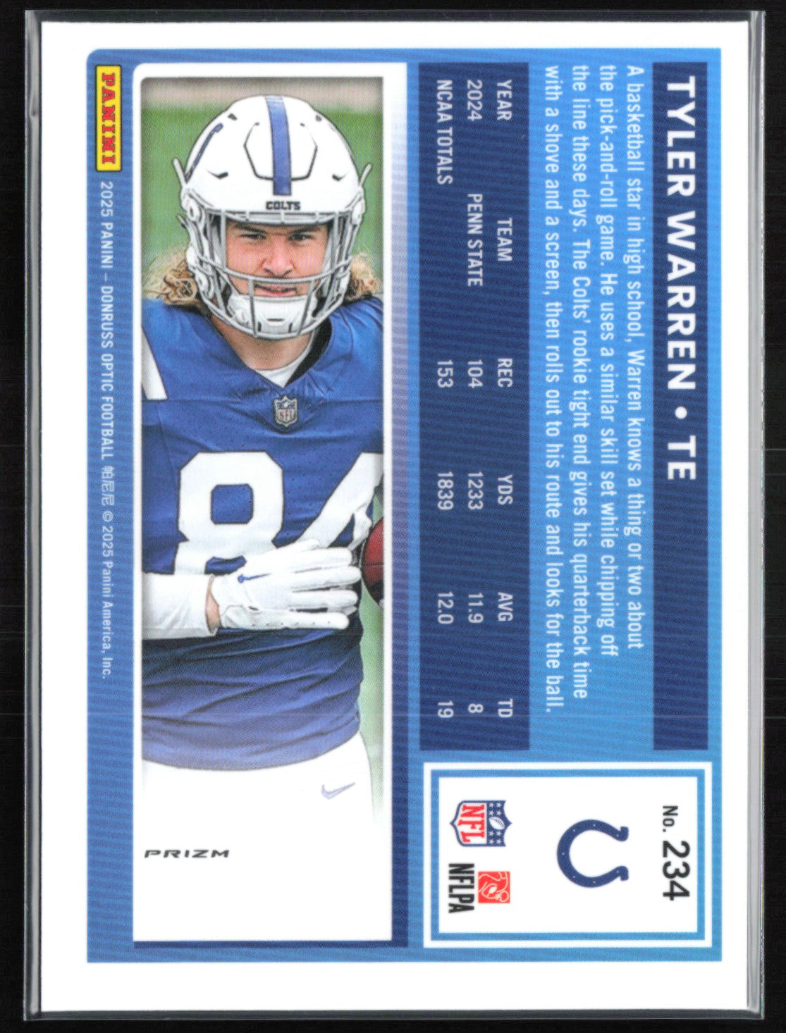 Tyler Warren RC Purple Shock 2025 Optic Rated Rookie