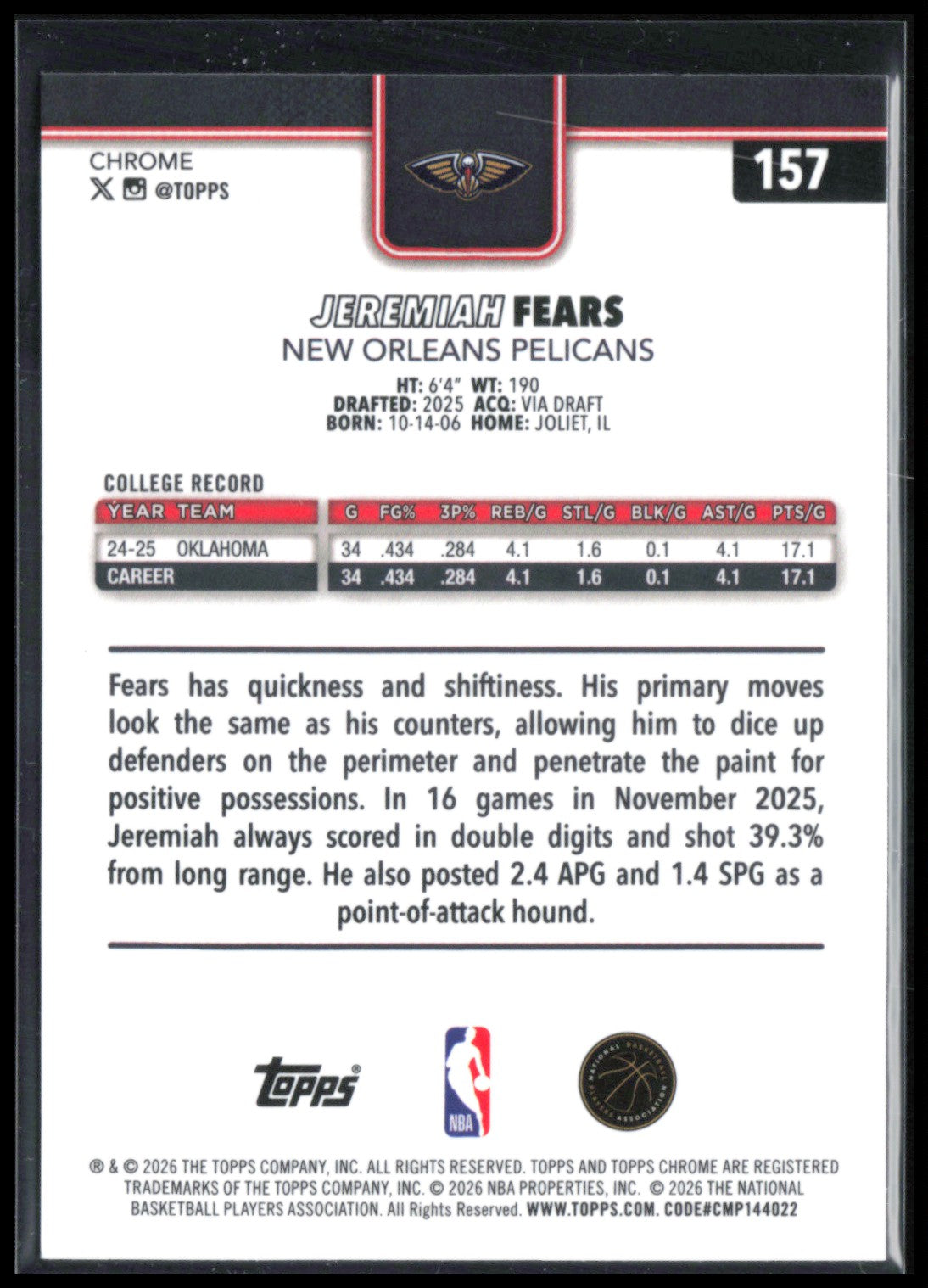 Jeremiah Fears RC 2026 Topps Chrome