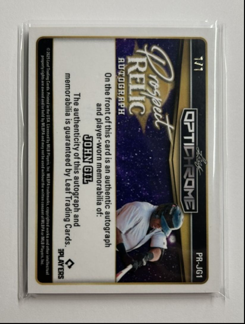 John Gil 1/1 Auto Relic Prospect Relic Autograph 2025 Leaf Optichrome