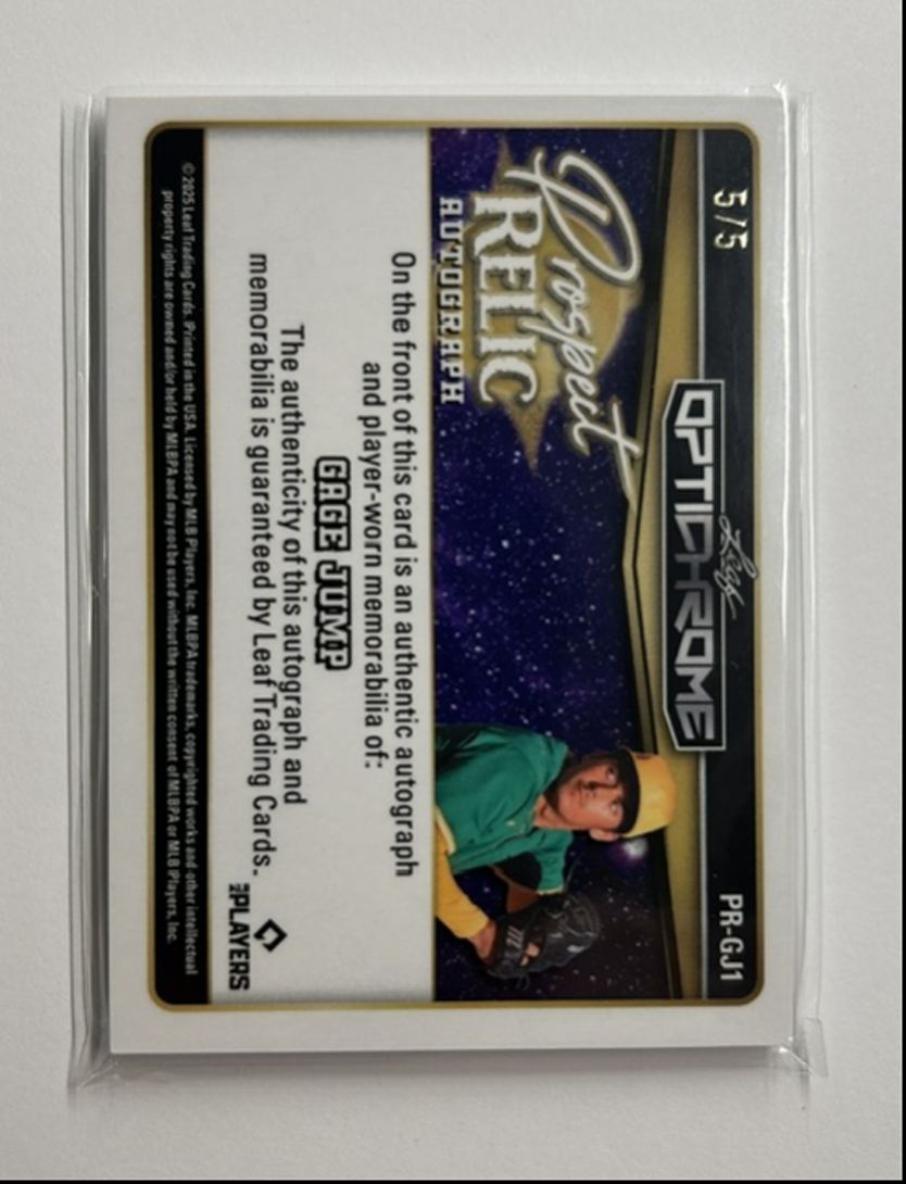 Gage Jump /5 Auto Relic Prospect Relic Autograph 2025 Leaf Optichrome