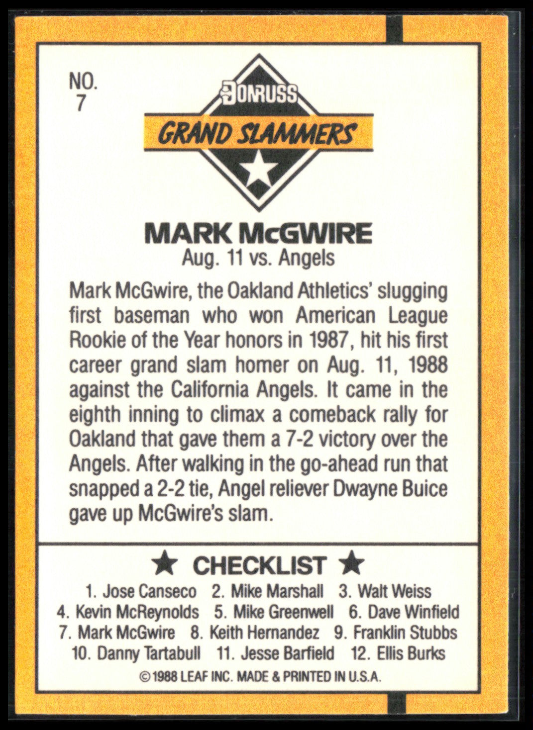Mark McGwire 1988 Leaf Donruss Grand Slammers